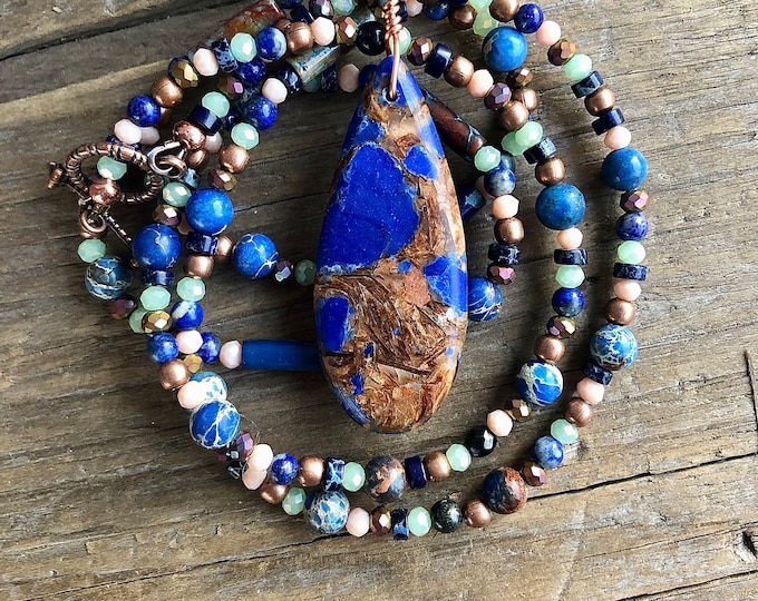 Ocean Jasper & Copper Bornite, Lapis Lazuli, Agate and Quartz Crystal Necklace