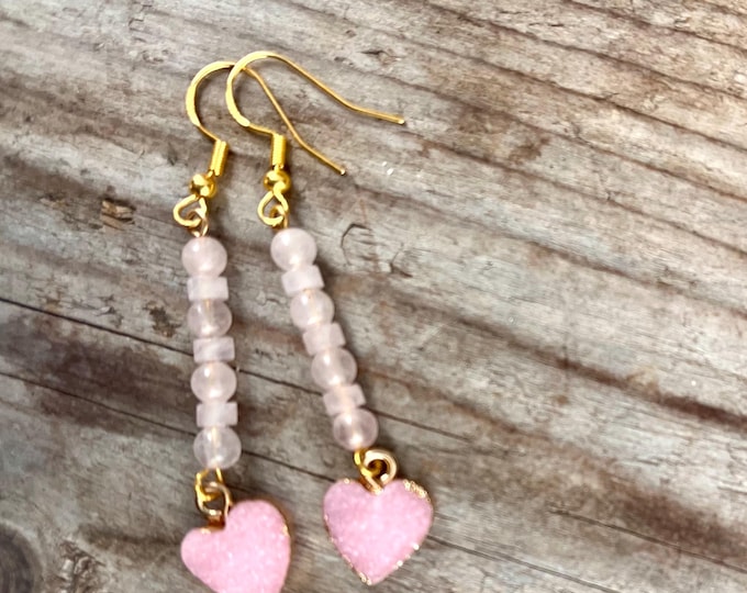 Rose Quartz and Agate Druzy Heart Earrings