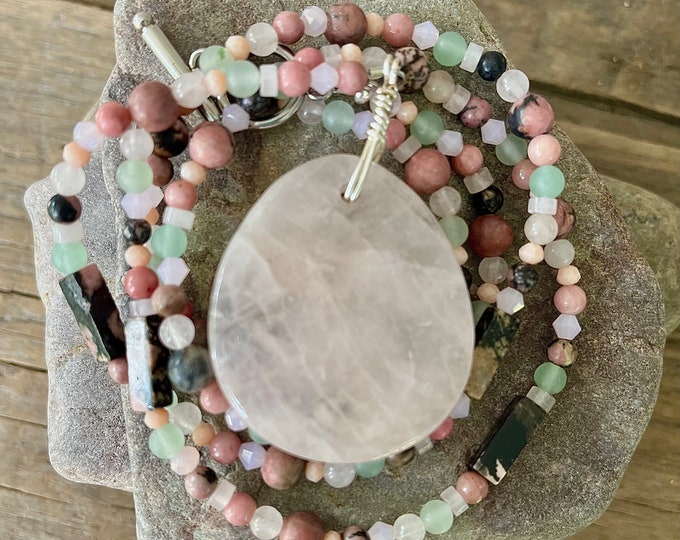 Rhodochrosite Rose Quartz Crystal & Rhodonite Heart Necklace