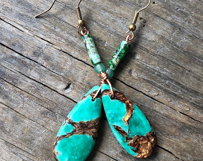 Green Ocean Jasper & Copper Bornite and Aventurine Earrings - 2.5 inch