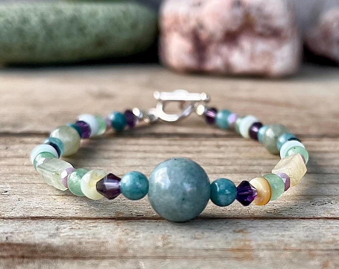 Burmese Jade, Aquamarine, Apatite, Aventurine & Quartz Crystal Bracelet, 30th Birthday Gift for Girlfriend, Boho Gemstone Jewelry