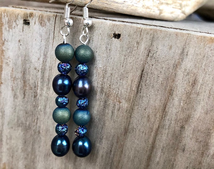 Titanium Agate Druzy & Freshwater Pearl Earrings - 2.5 inch