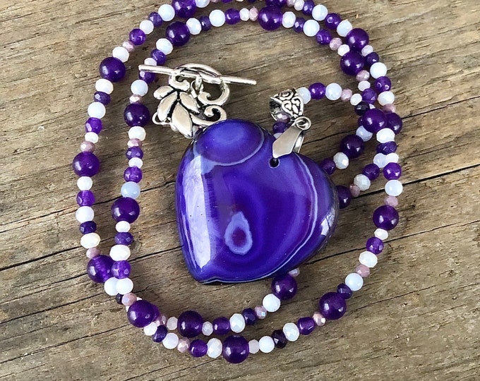 Elegant Agate Heart Pendant: Amethyst & Blue Lace Quartz Crystal Necklace