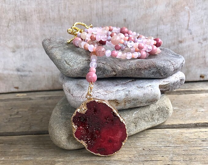 Rhodochrosite Rose Quartz Quartz Crystal & Agate Druzy Necklace