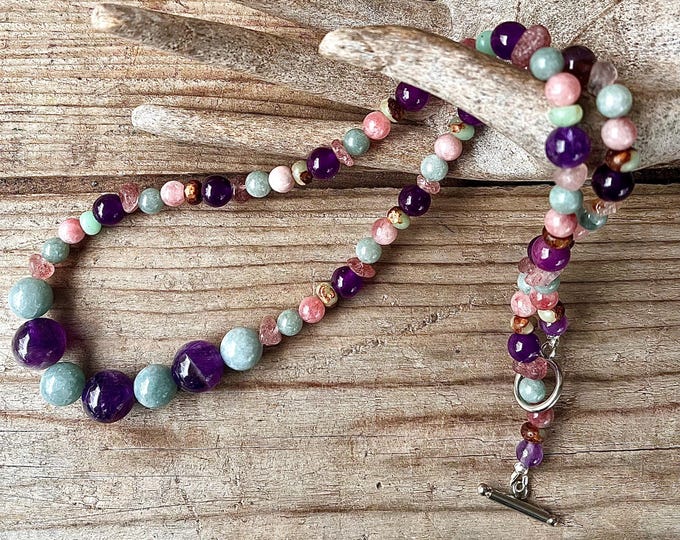 Burma Jade, Amethyst, Watermelon Quartz, Sunstone & Jasper Necklace