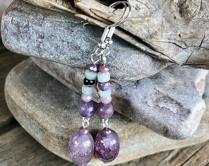 Mystical Dragon Agate Earrings with Angelite, Lepidolite, Quartz & Amazonite