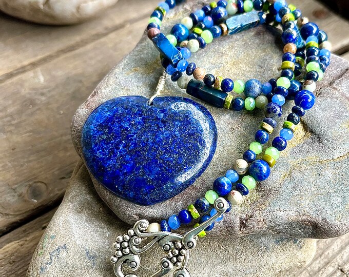 Lapis Lazuli Heart, Quartz Crystal, & Jasper Necklace