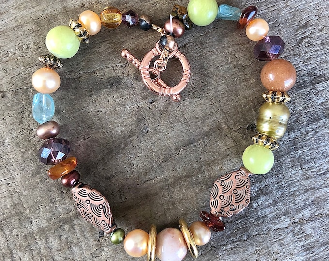 Carnelian, Jade, Apatite, Freshwater Pearl, & Quartz Bracelet