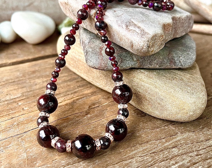 Rich Red Garnet, Crystal & Rose Gold Necklace