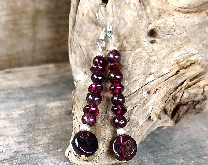 Deep Red Garnet & Silver Earrings - 2 inch