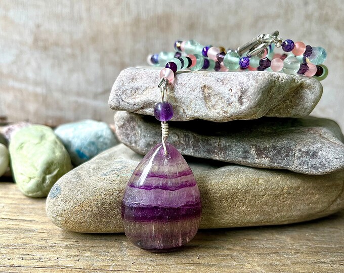Fluorite, Quartz Crystal, & Amethyst Necklace