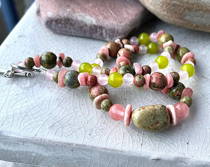 Unakite Peridot Rose & Cherry Quartz Rhodochrosite Necklace