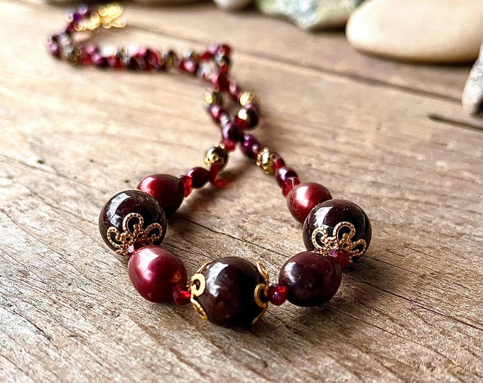 Rich Red Garnet Freshwater Pearl & Gold Necklace