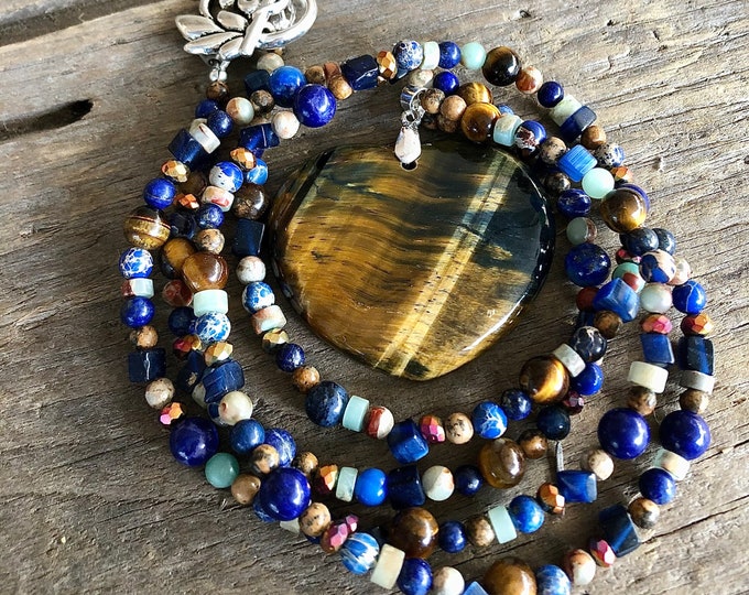 Blue/Gold Tiger Eye Heart Jasper Lapis Lazuli & Quartz Crystal Necklace - 31 inch