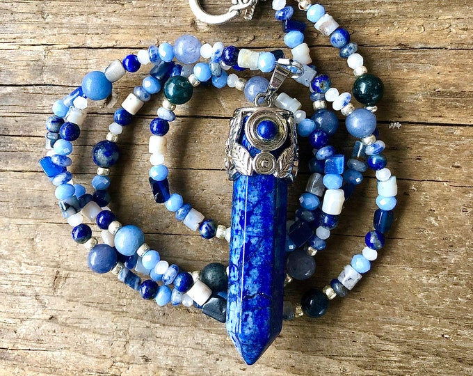 Lapis Lazuli Quartz Crystal Ocean Jasper & Sodalite Necklace - 34 inch