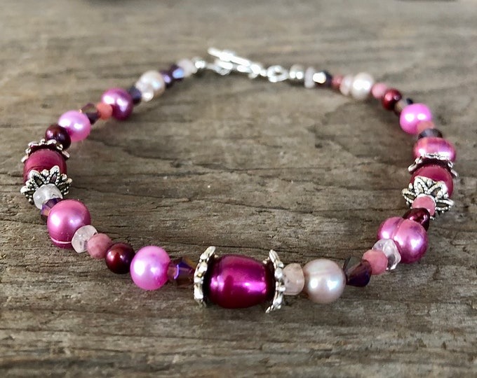 Pink Pearl, Crystal & Silver Bracelet - 8 inch*