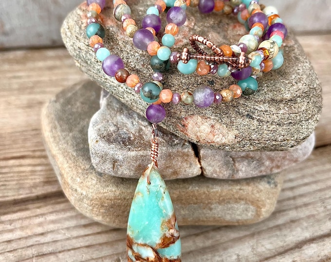Green Jasper & Copper Bornite Amethyst and Quartz Crystal Necklace