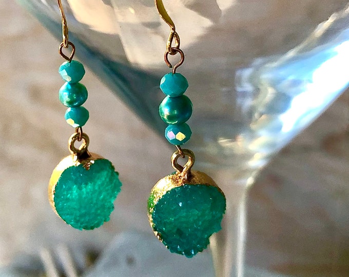 Agate Druzy, Pearl, Quartz Crystal & Gold Earrings