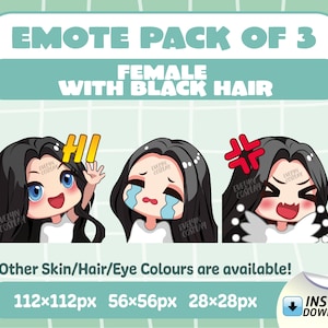 Light Rose Skin | Black Hair | Blue Eyes | Chibi Girl Twitch Emotes Pack of 3