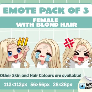 Light Rose Skin | Blonde Hair | Blue Eyes | Chibi Girl Twitch Emotes Pack of 3