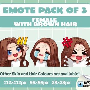 Piel rosa clara / Cabello castaño / Ojos azules / Chibi Chica Twitch Emotes Pack de 3