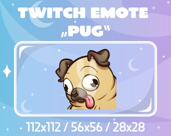 May include: A cartoon pug with a big tongue sticking out, looking to the left. The image is in a blue and purple gradient background with stars and crescent moons. The text "TWITCH EMOTE "PUG"" is at the top of the image. The text "112x112 / 56x56 / 28x28" is at the bottom of the image.