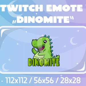 Puede incluir: Un dinosaurio verde de dibujos animados con el texto "Dinomite" en un cuadro blanco. El dinosaurio está saludando con una expresión feliz. El fondo es azul claro con estrellas y una luna creciente.