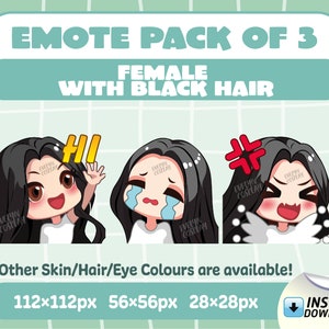 Leichte Rose Haut | Schwarze shair | Braune Augen | Chibi Mädchen Twitch Emotes Pack von 3