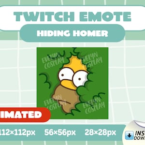 Puede incluir: Emoticono animado de Twitch que presenta un personaje de dibujos animados amarillo con ojos azules y barba marrón, asomándose desde detrás de unos arbustos verdes. El texto "HIDING HOMER" se muestra sobre el personaje.