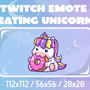 Könnte beinhalten: Ein Cartoon-Einhorn mit einer rosa, gelben und violetten Mähne und einem Schwanz isst einen rosafarbenen Donut mit Streuseln. Das Einhorn sitzt auf einem hellblauen Hintergrund mit weißen Sternen und einem Halbmond. Der Text "TWITCH EMOTE "EATING UNICORN"" befindet sich über dem Bild. Der Text "112x112 / 56x56 / 28x28" befindet sich unter dem Bild.