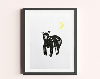 A4 Lino Cut Bear Art Print /Black Bear / Moon / Prints / Moonlit Bear
