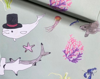 Under The Sea/ Wrapping Paper / Gift Wrap / Lobster / Jellyfish / Beluga Whale / Shark / Seal / Coral / Starfish / Shell