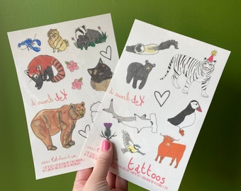 A5 Temporary Tattoo Sheet / Cats / Bears / Tiger / Shark / Red Panda / Puffin / Dogs / Lobster / Cow / Highland Cow / Badger / Tattoos