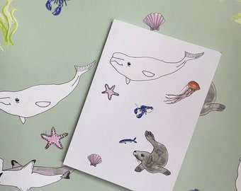 Under The Sea Greetings Card / Birthday Card / Blank Card / A6 Card / Wildlife / Nature/ Ocean / Sealife / Sea / Coast / Beluga Whale /