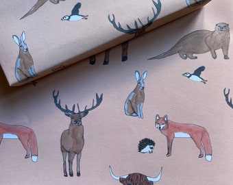 Scottish Wildlife / Wrapping Paper / Stag / Highland Cow / Puffin / Otter / Hare / Hedgehog / Fox /  Animals / Gift Wrap