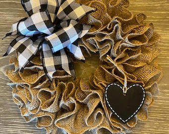 Farmhouse Burlap Wreath, Black White Buffalo Plaid Bow, Cottage Style