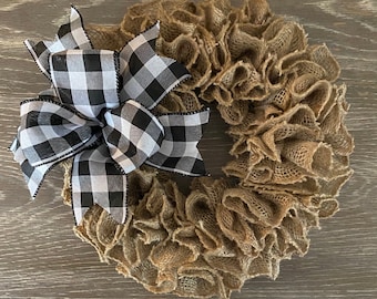 Burlap Ruffle Wreath: Farmhouse Decor with Buffalo Plaid Bow