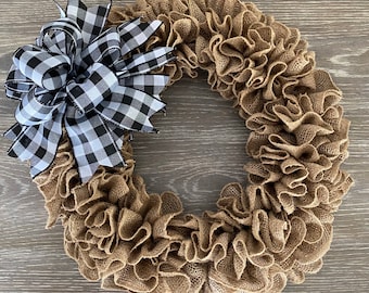 Burlap Ruffle Wreath: Farmhouse Buffalo Plaid Bow