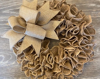 Small Burlap Ruffle Wreath: Beige Linen Bow, Shabby Chic Decor