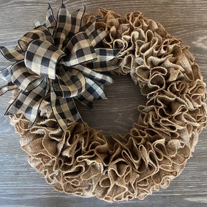 Wreath, Farmhouse Wreath, Burlap Wreath, Farmhouse Wreath, Burlap Ruffle Wreath, Wreath with a Black and Tan Buffalo Plaid Bow, Live Simpl