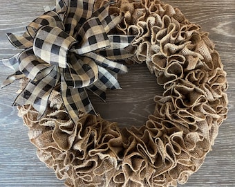 Burlap Ruffle Wreath: Farmhouse Buffalo Plaid Bow