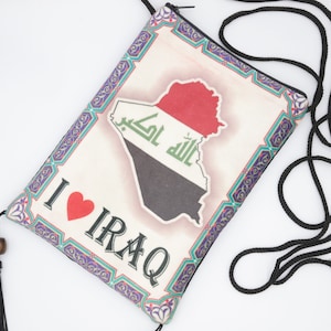 Irak Mini Bag , Sac de chamois fait à la main , Carte Irak , Sac de téléphone , Portefeuilles , Clips d’argent , Conception du drapeau irakien, Drapeau de l’Irak , J’aime l’Irak , Cadeau