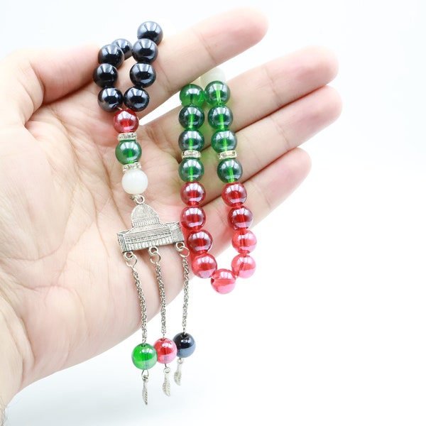 Handmade Gold Imamate Prayer Beads With Palestinian Flag Design And Crystal Stones, 33 Pieces A300045