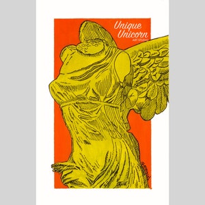 Nike Winged Victory - Framed Orange Gold Winged Victory of Samothrace Gouache Watercolor