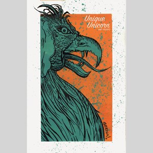 15th century Griffin - gouache watercolor orange blue ink print