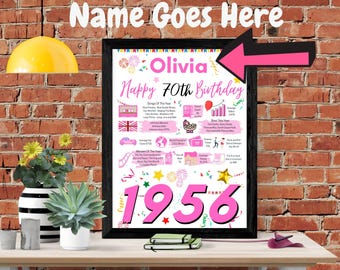Personalised 70th birthday gift for mum 70th Birthday Poster for wife sister Includes highlights from 1956 birth year UK
