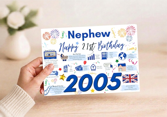 21st Birthday Card For Nephew, 21 For Him, 21st Greetings Card, Born In 2005 Facts