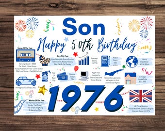 50th Birthday Card For Son, Birthday Card For Him, Happy 50th Greetings Card Born In 1976 Facts Milestone