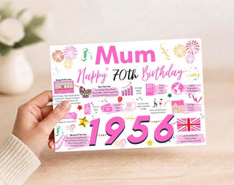 May include: A white rectangular birthday card featuring pink text that reads Mum Happy 70th Birthday and 1956. The card includes colorful illustrations of fireworks, stars, and various icons representing historical facts from 1956, including a cassette tape, a house, and a British flag.