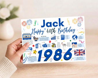 Personalised 40th Birthday Card for Him, DAD Husband SON Brother Uncle Friend, Year you were born 1986